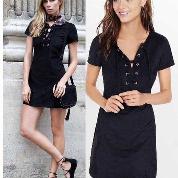Express Black Lace-Up Suede Mini Dress 6 Dark Academia Edgy Fall School Girl - Picture 9 of 9